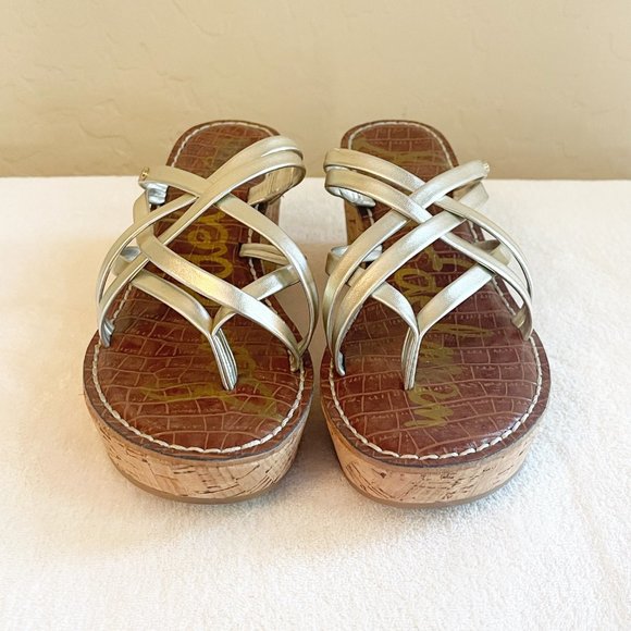 Sam Edelman Sandals 6 Reana Light Gold Strappy Cork Platform Wedge Heel Slides - Picture 8 of 11